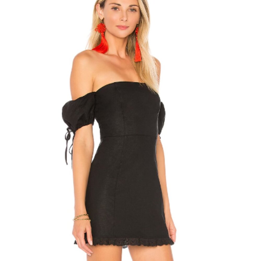 NWT Lovers + Friends Bethany Off Shoulder Linen Blend Mini Dress Black Large
